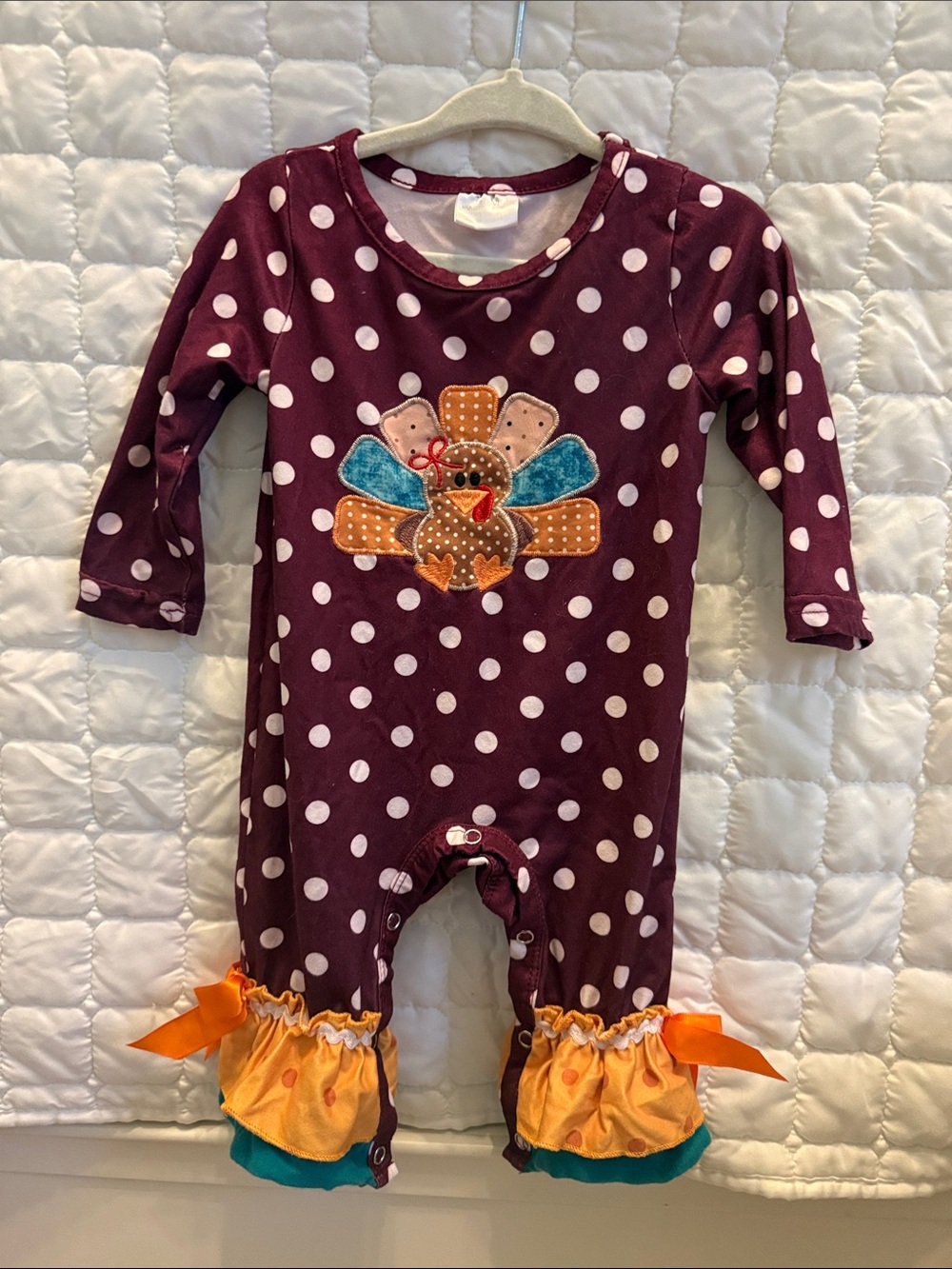 Baby's Maroon Polka Dot Turkey Applique One-Piece